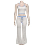 Spring Women Style Beaded Halter Neck Suspender Tank Top Contrast Color Pants Two-Piece Set
