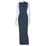 Women Elegant Solid Metal Pleated Bodycon Halter Asymmetric Neck Maxi Dress