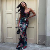 Women’s Summer Fashion Chic Floral Strap Low Back Lace-Up Slim Long Dress