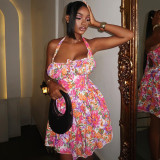 Women Printed Painted Sexy Backless Halter Neck Off Shoulder Dress