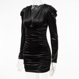 Women sexy V Neck collar long sleeve pleated Bodycon velvet dress