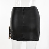 Women sexy irregular gold button pu leather skirt