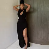 Women Style Pleated Hollow Solid Round Neck Slit Maxi Dress