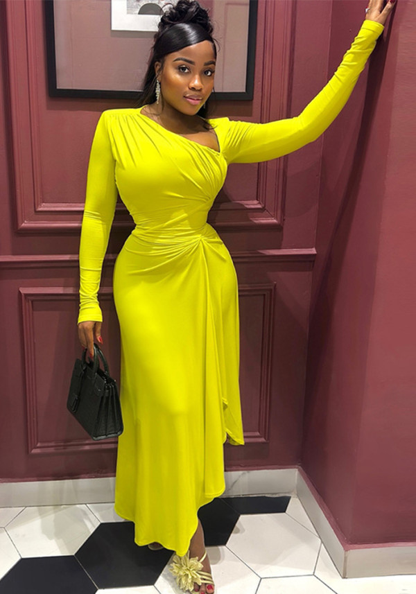 Women Elegant Pleated Irregular Solid Long Sleeve Slash Shoulder Maxi Dress