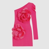 Women sexy one-shoulder Slash Shoulder flower long-sleeved dress