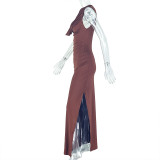 Women Style Pleated Hollow Solid Round Neck Slit Maxi Dress