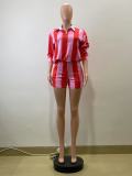 Spring Women Casual Striped Turndown Collar Top Shorts Two-Piece Set