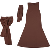 Spring Women Style Scarf Knot Lace-Up Strapless Dress Two-Piece Set