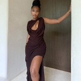 Women Style Pleated Hollow Solid Round Neck Slit Maxi Dress