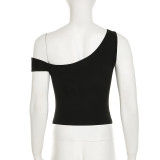 Women American asymmetrical off-shoulder metal button streamer Tank Top