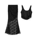 Women Casual Crop Lace Top and Bodycon fishtail skirt two-piece set