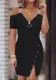 Women Fall and Winter V-neck Short Sleeve Solid Metal Slit Dress