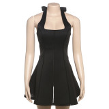 Spring Women French Halter Neck Solid Dress
