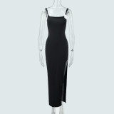 Women Sexy Suspender Flower Backless Slit Maxi Dress