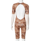 Women’s Casual Leopard Print Round Neck Low Back Tight Slim Jumpsuit