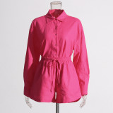 Women Turndown Collar long sleeve solid shirt Top and Casual shorts two-piece set