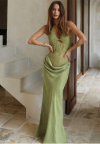 Spring Women Sexy Halter Neck Hollow Bodycon Pleated Dress