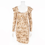 Women sexy herringbone long-sleeved pleated Bodycon dress