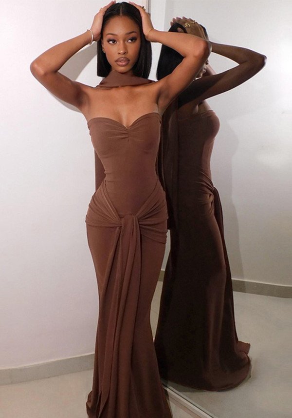 Spring Women Style Scarf Knot Lace-Up Strapless Dress Two-Piece Set