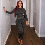 Women Casual Printed Round Neck Long Sleeve Jumpsuit