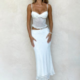 Spring Women Sexy V-Neck Backless Lace Suspender Tank Top and Skirt Two-Piece Set