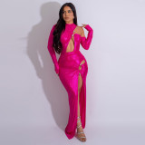 Women irregular hollow metal button sexy slit dress