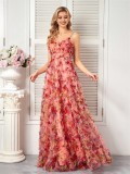 Women V-neck suspender floral elegant prom evening dress