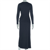 Women Elegant Pleated Irregular Solid Long Sleeve Slash Shoulder Maxi Dress