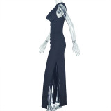 Women Style Pleated Hollow Solid Round Neck Slit Maxi Dress
