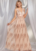 Women V-neck sequin patchwork dinner evening dress