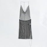 Women Beaded mesh see-through sexy backless strap dress