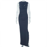 Women Style Pleated Hollow Solid Round Neck Slit Maxi Dress