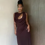Women Style Pleated Hollow Solid Round Neck Slit Maxi Dress