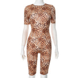 Women’s Casual Leopard Print Round Neck Low Back Tight Slim Jumpsuit