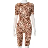 Women’s Casual Leopard Print Round Neck Low Back Tight Slim Jumpsuit