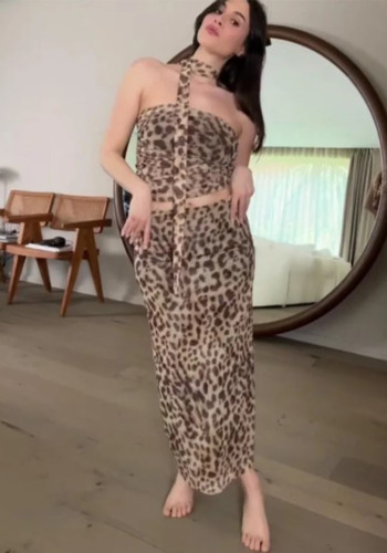Women spring leopard print Strapless Top and Skirt two-piece set