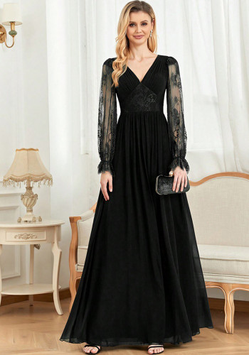 Women long sleeve v-neck ruffle sleeve bridesmaid dress fishtail formal party evening dress