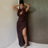 Women Style Pleated Hollow Solid Round Neck Slit Maxi Dress