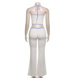 Spring Women Style Beaded Halter Neck Suspender Tank Top Contrast Color Pants Two-Piece Set