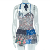 Women Printed Halter Neck Backless Ruffle Mini Dress
