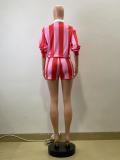 Spring Women Casual Striped Turndown Collar Top Shorts Two-Piece Set