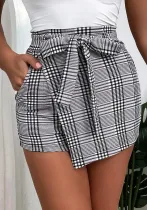 Women Casual Plaid Front Pleated Lace-up Culottes