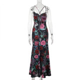 Women’s Summer Fashion Chic Floral Strap Low Back Lace-Up Slim Long Dress
