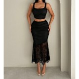 Women Casual Crop Lace Top and Bodycon fishtail skirt two-piece set