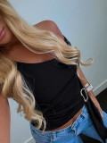 Women American asymmetrical off-shoulder metal button streamer Tank Top