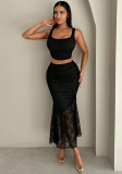 Women Casual Crop Lace Top and Bodycon fishtail skirt two-piece set