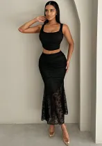 Women Casual Crop Lace Top and Bodycon fishtail skirt two-piece set