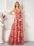 Women V-neck suspender floral elegant prom evening dress