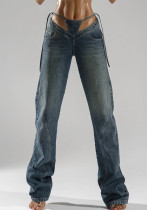 Women irregular patchwork panties fake two-piece Casual Denim trousers