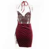 Women sexy Halter Neck chain Backless suspender velvet dress